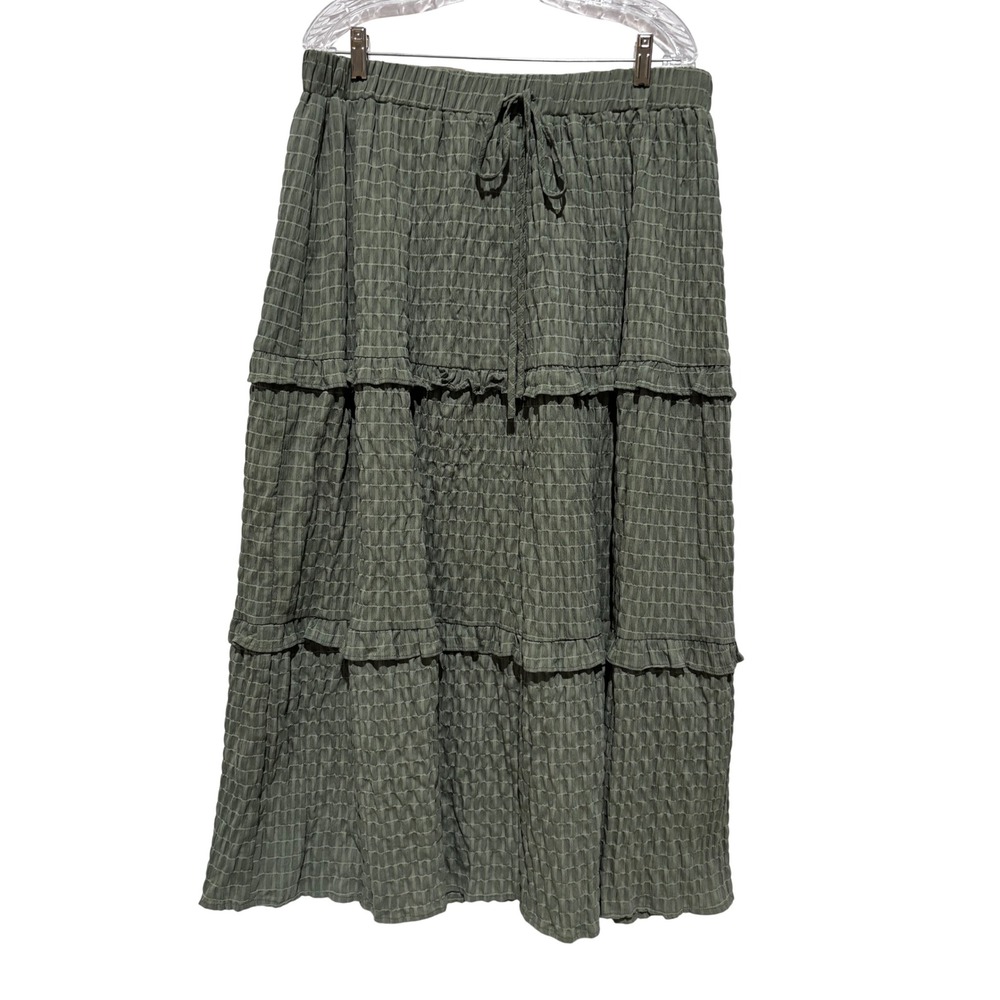 Moss Green Tiered Maxi Skirt Smocked Texture Sz XXL 2X Boho Cottagecore Earthy